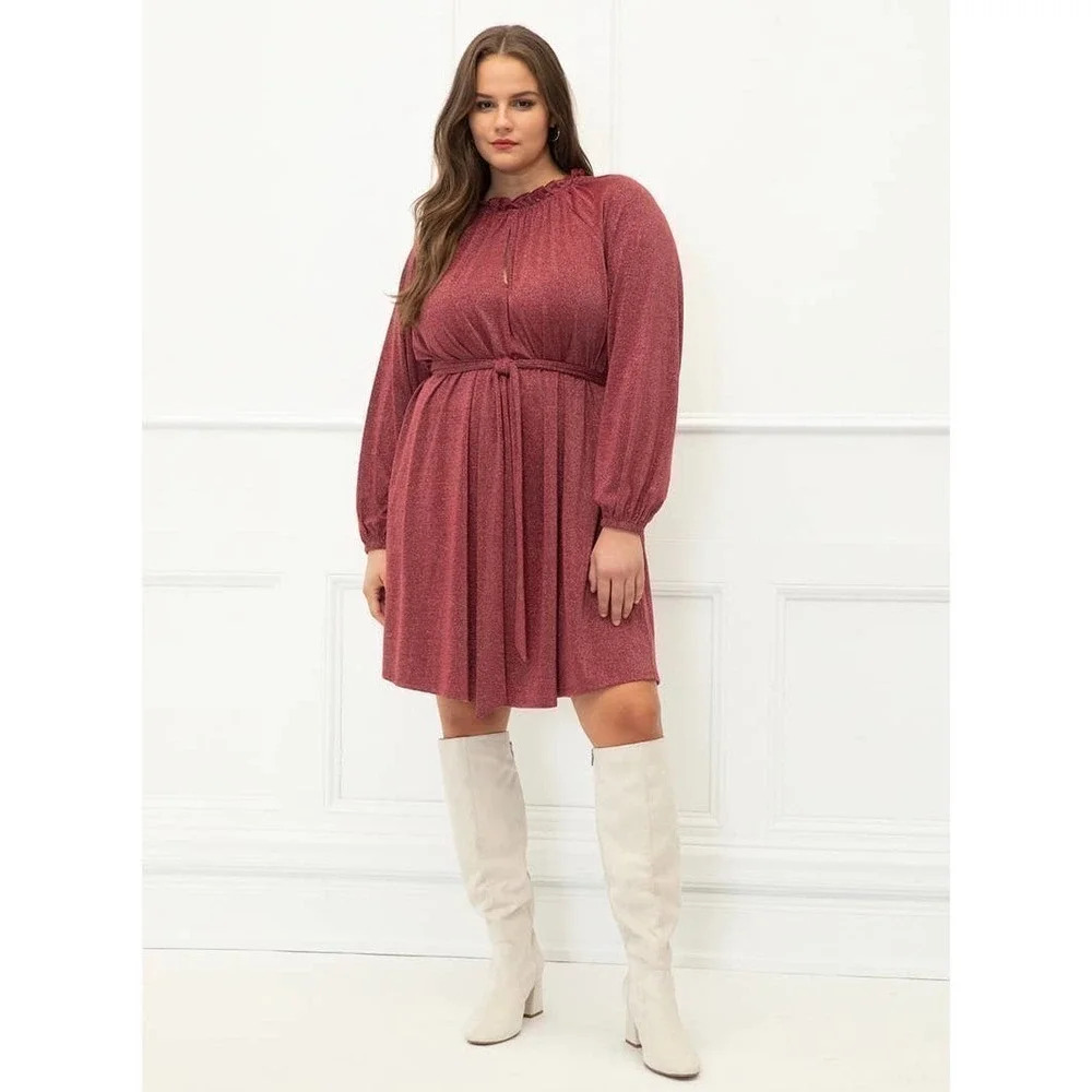 Eloquii Elements Long Sleeve Shimmer Tie Waist Dress